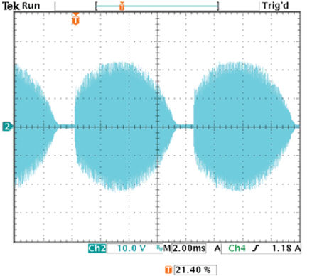 Input voltage waveform to the MR16 board powered by an LET75 at 120 VAC Input voltage waveform to the MR16